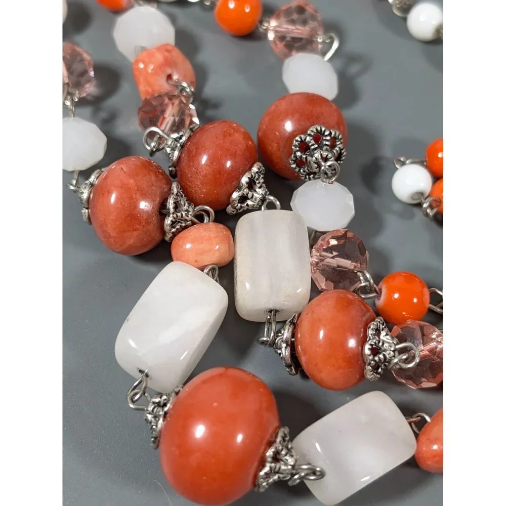 Boho Coastal Chic‎ White Orange Brown Stone Layered Necklace 17